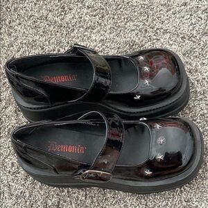 Demonia Black Mary Jane Shoes with Star Accents